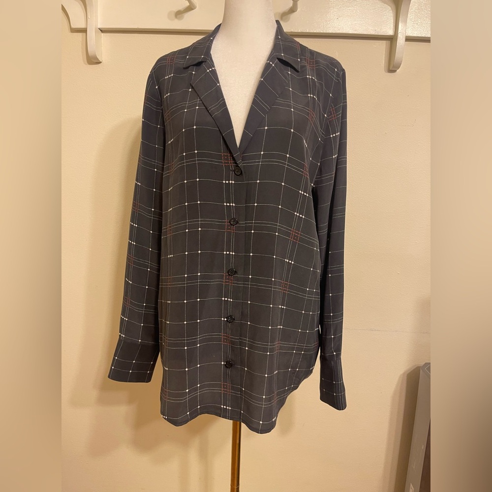 Equipment Femme 100% Silk Plaid Long Sleeve Buttoned Cuffs Button Up Shirt Med